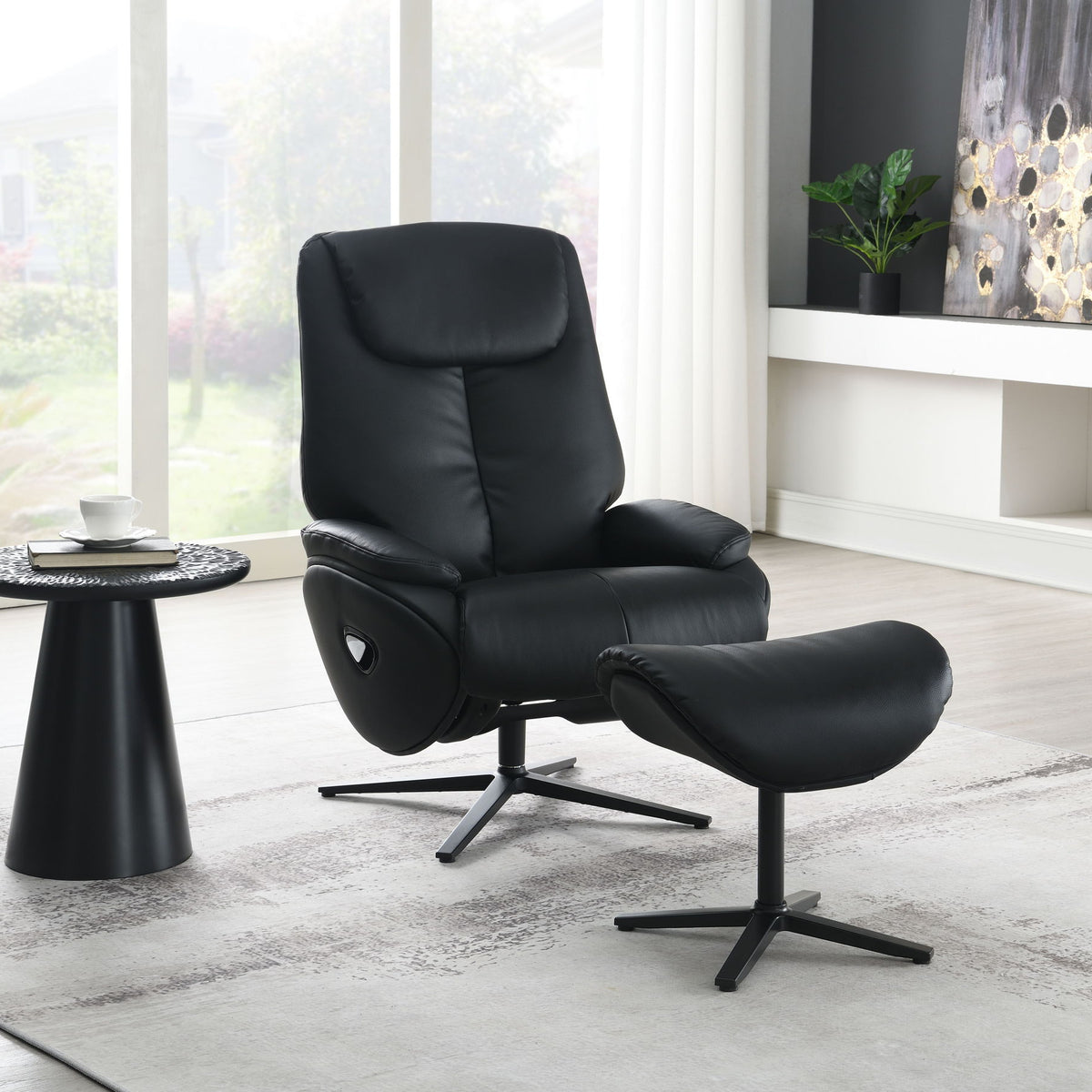 Labotina - Top Grain Leather Accent Chair With Swivel & Ottoman - Black