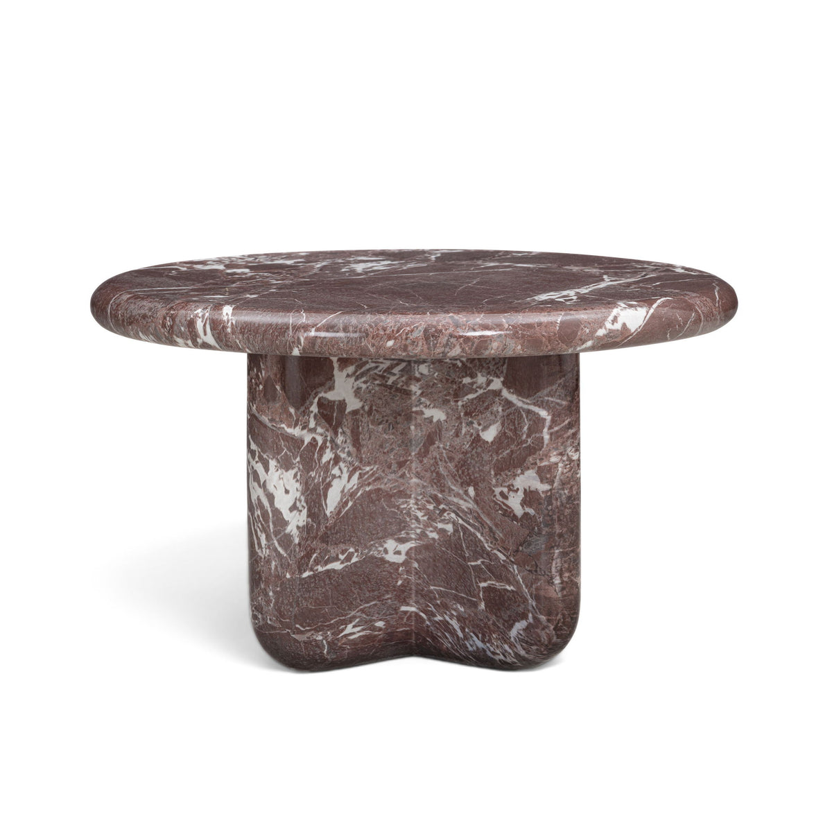Round dark red marble-look coffee table with white veining and cylindrical pedestal