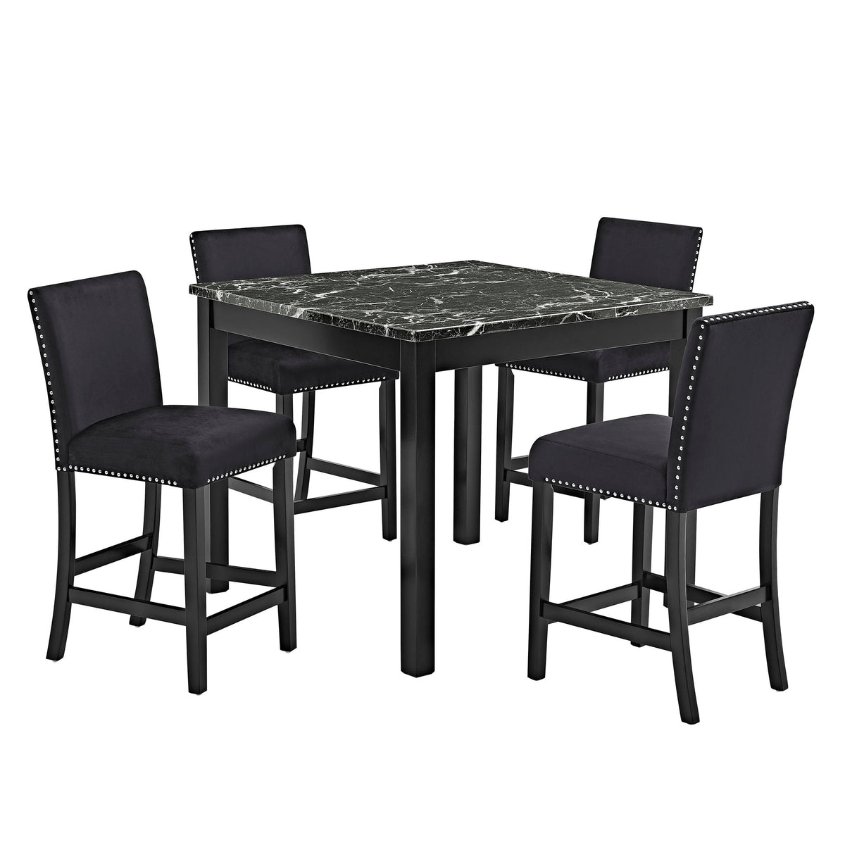Counter-height dining table with four black upholstered chairs and dark marble-look top