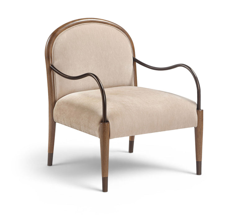Beige fabric-upholstered accent chair with curved metal arms and wooden legs