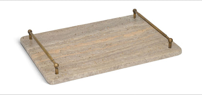 Gray travertine tray with four metal corner posts, rectangular with rounded edges.