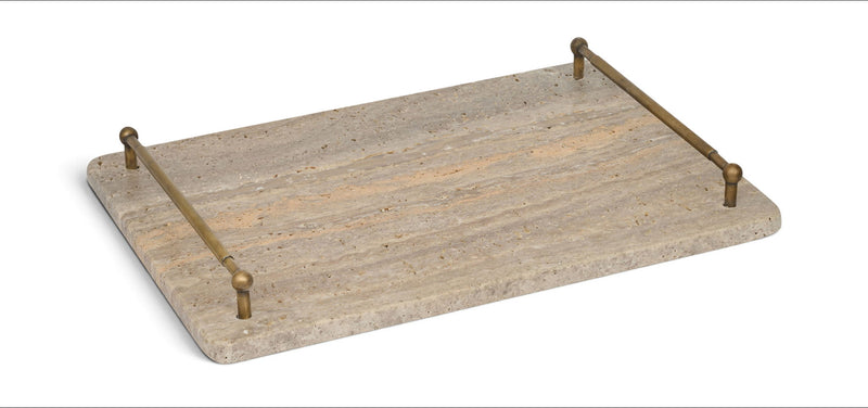 Gray travertine tray with four metal corner posts, rectangular with rounded edges.