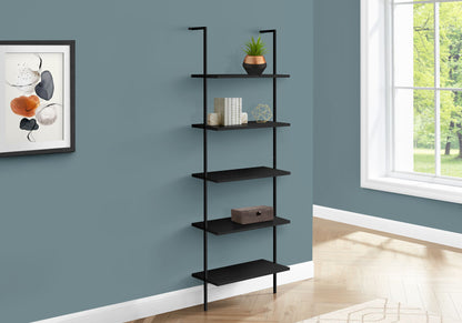 Black 5-tier ladder bookcase with five open shelves and side frame for office storage