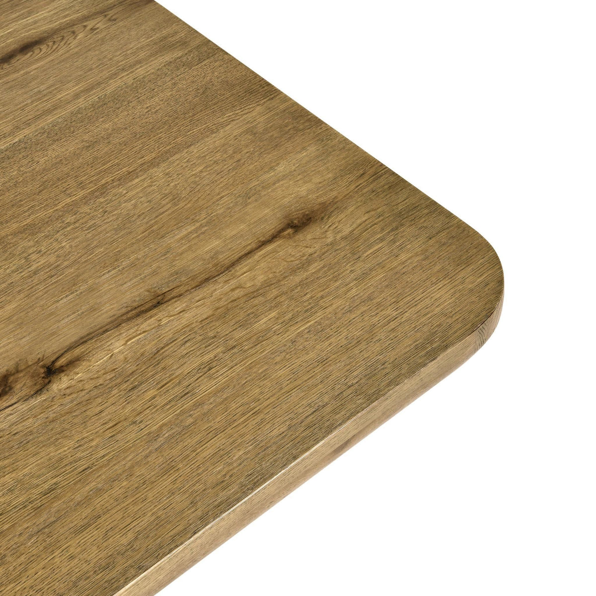 Wood dining table corner with rounded edge and dark grain lines detail