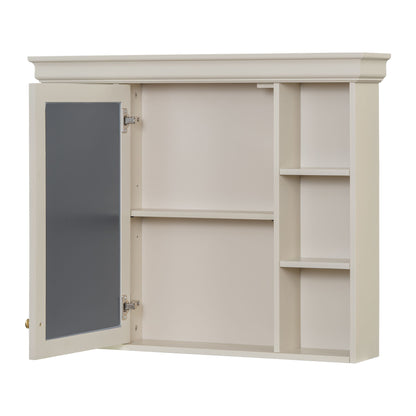 White wall-mounted bathroom storage cabinet with open mirror door and adjustable shelves