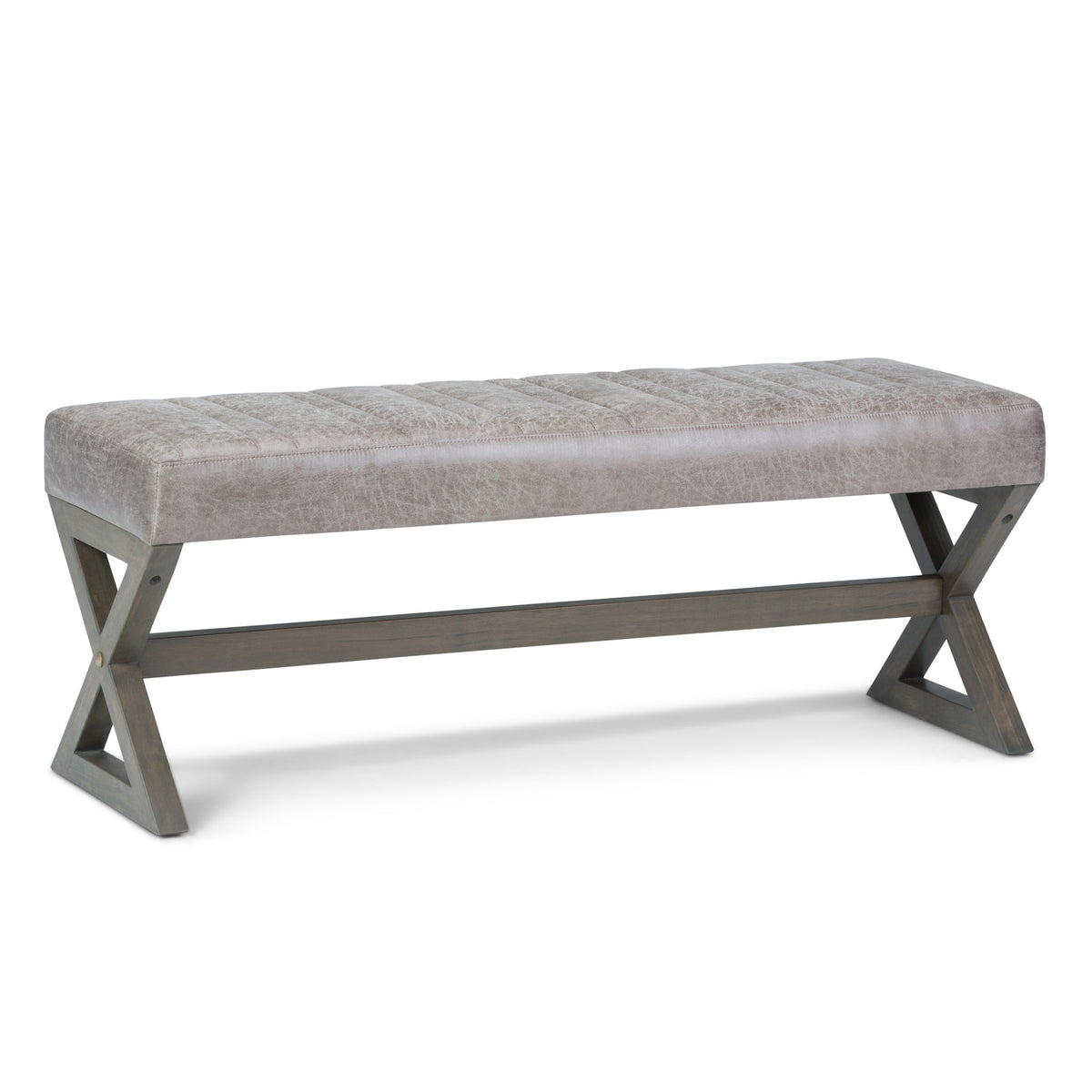 Pearl silver upholstered ottoman bench with tufted seat and gray X-style metal base