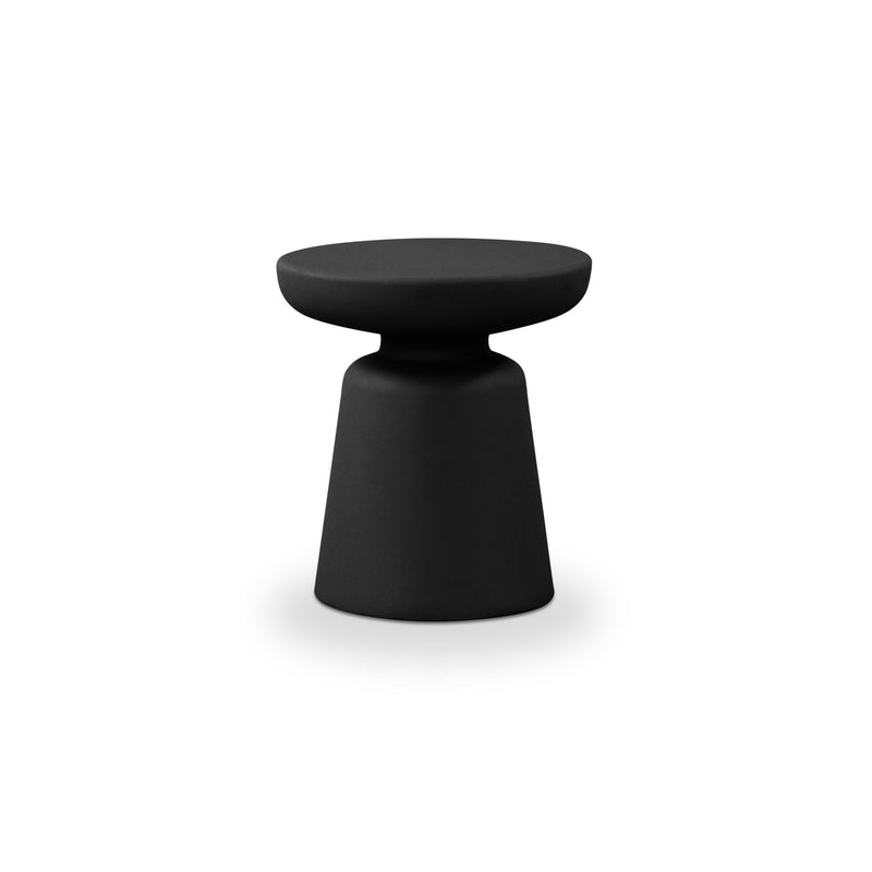 Black outdoor side table with round flat top and tapered pedestal base