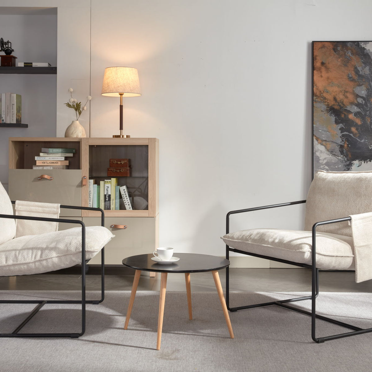 Upholstered Hanging Armchair With Arm Pocket Metal Frame (Set of 2), Crushed Foam Cushions And Skin-Friendly Braid For Living Room And Bedroom