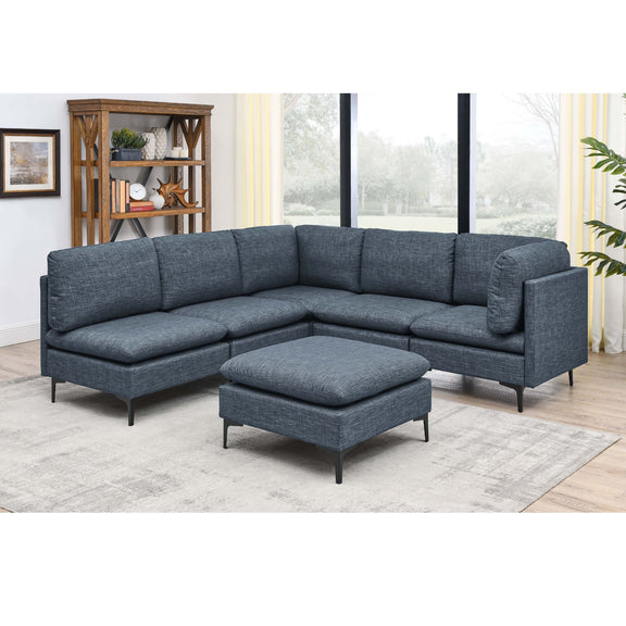 Dark gray modular sectional with tall legs and ottoman pouf
