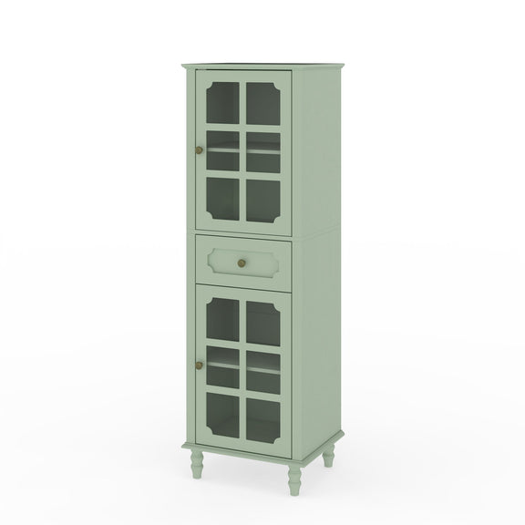 Pale green freestanding curio cabinet with two grid doors, center drawer, and short legs