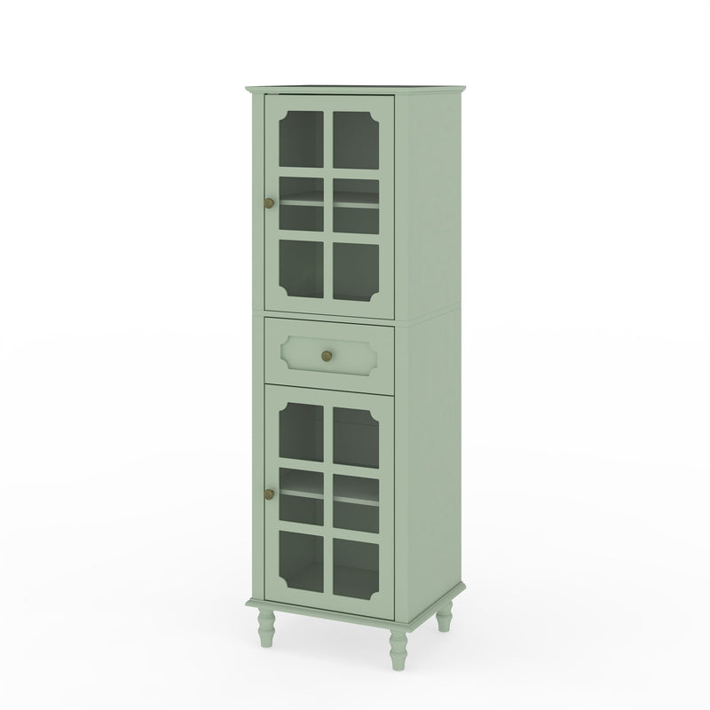 Pale green freestanding curio cabinet with two grid doors, center drawer, and short legs