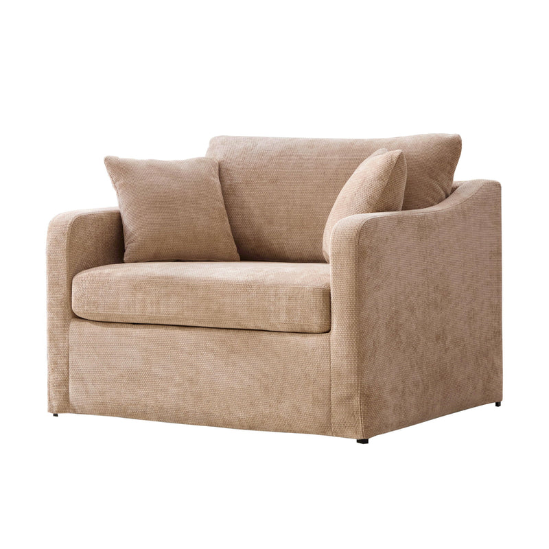 Light brown fabric accent chair with 2 bolster pillows, squared arms, tufted-look seat