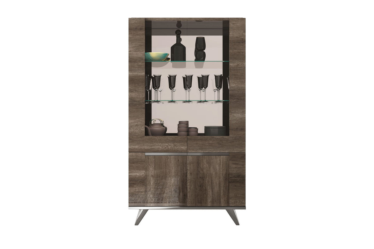 2-door china cabinet, dark brown wood finish with glass front and shelves
