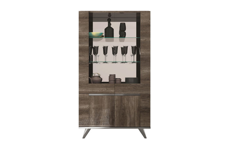 2-door china cabinet, dark brown wood finish with glass front and shelves