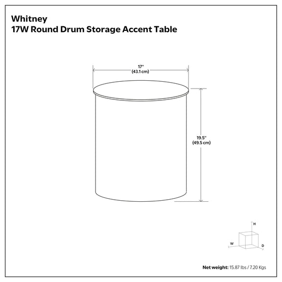 Round drum storage table size diagram, 17 in top diameter and 19.5 in height