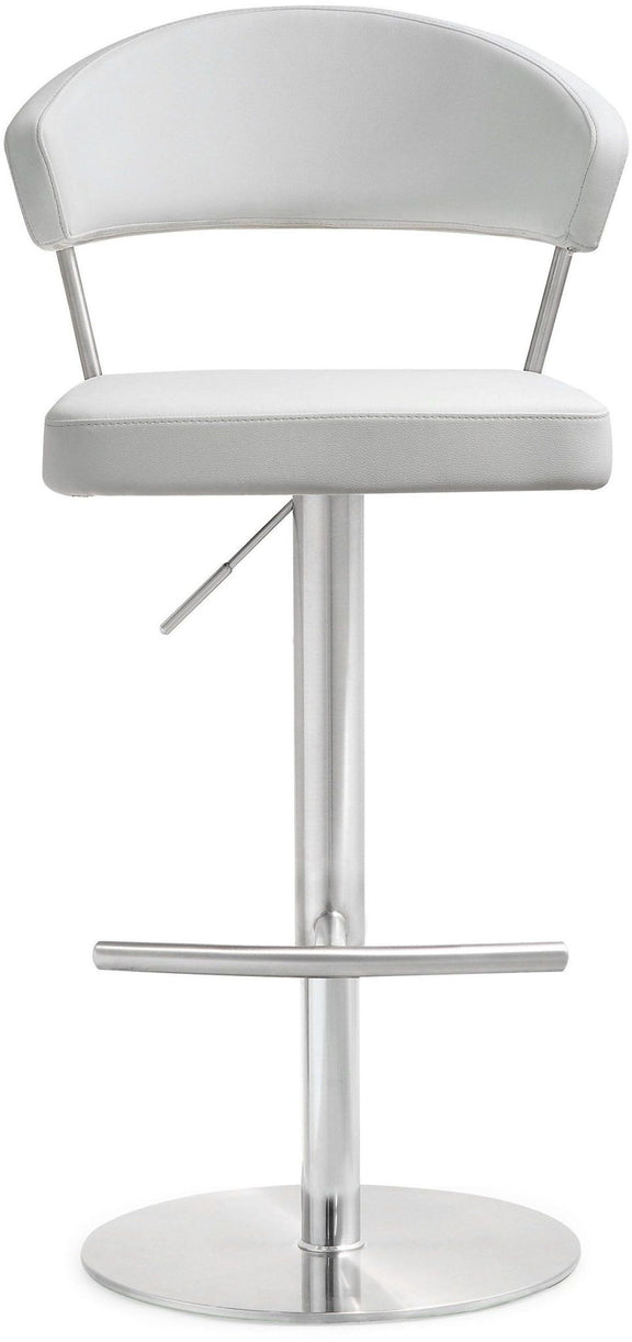 White barstool with curved padded back and seat, chrome pedestal base, and footrest bar.