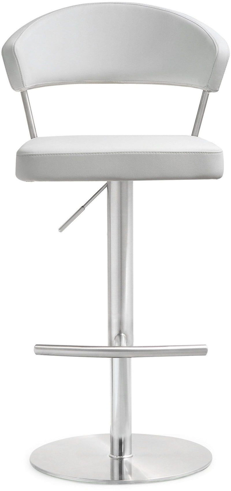 White barstool with curved padded back and seat, chrome pedestal base, and footrest bar.