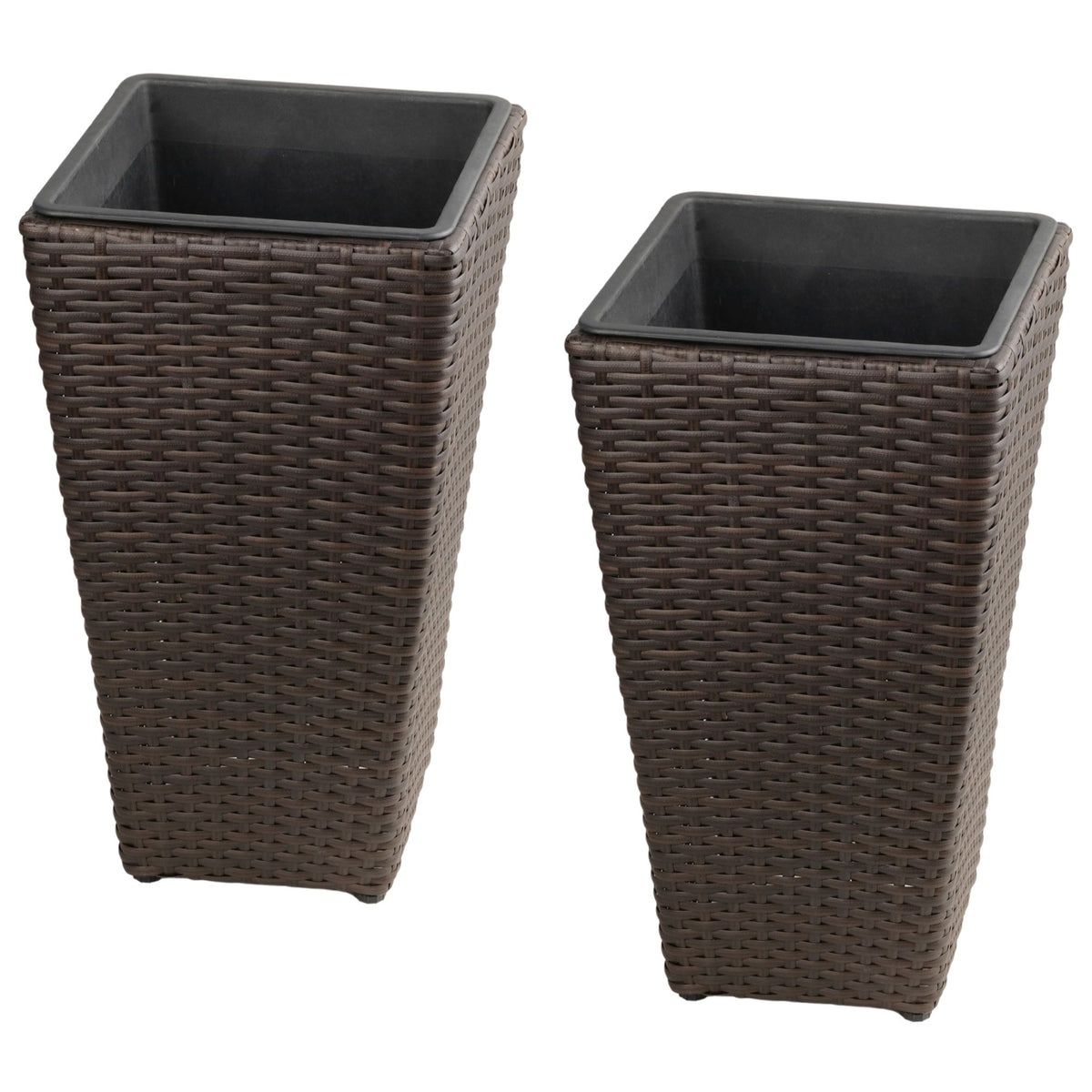 Set of two brown woven tapered planters with dark removable liners
