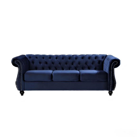 Blue three-seat button-tufted sofa with rolled arms and nail-trimmed edges