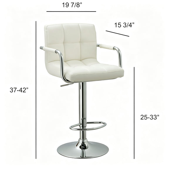White adjustable swivel bar stool with padded seat and back, chrome footrest ring