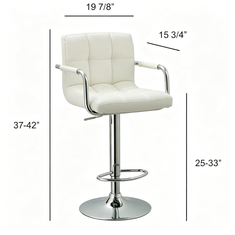 White adjustable swivel bar stool with padded seat and back, chrome footrest ring
