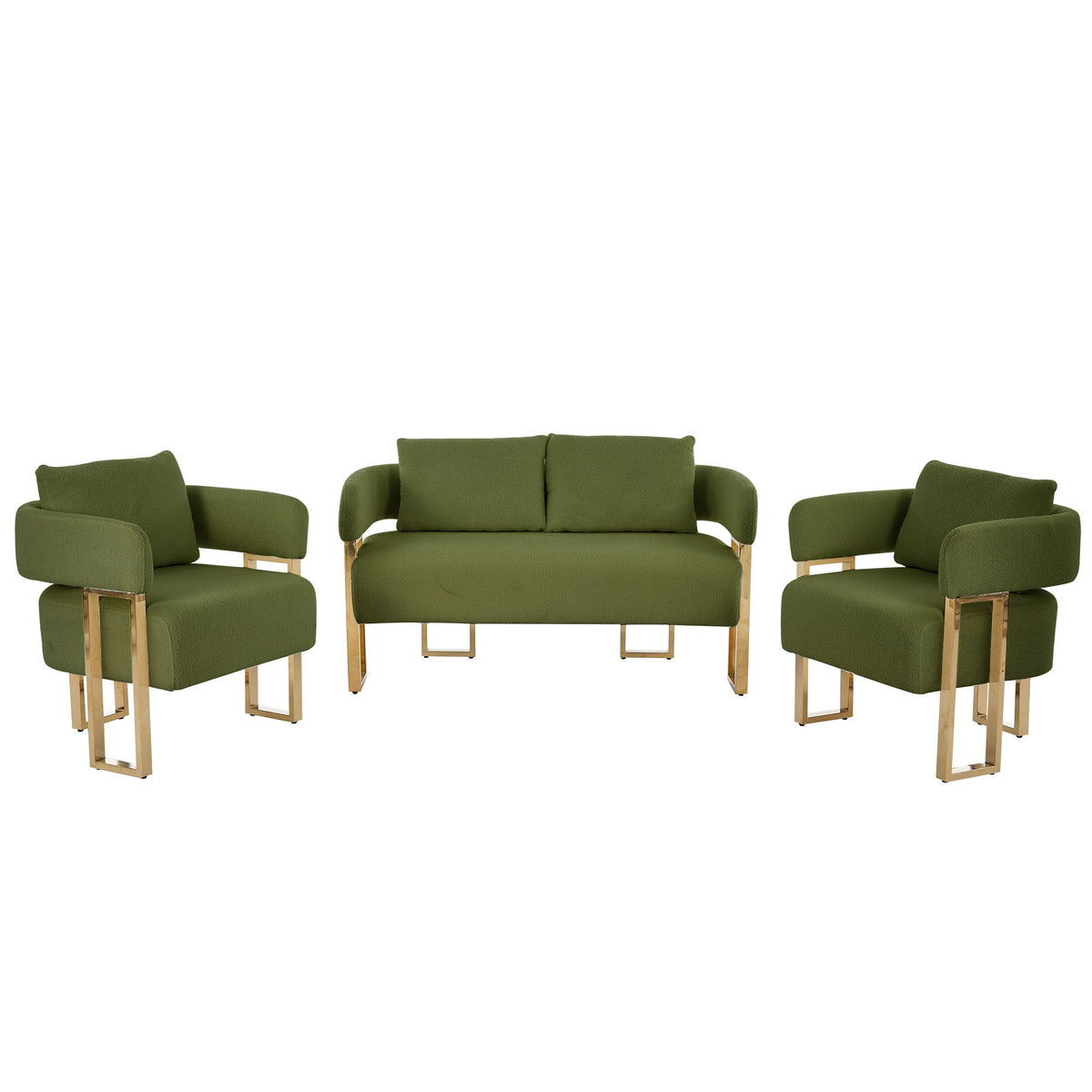 Dark green upholstered side chair set with padded seat cushions and gold-tone legs
