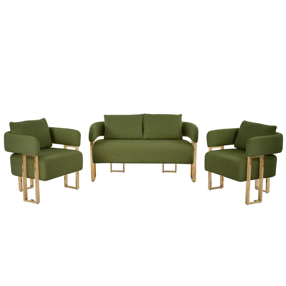 Dark green upholstered side chair set with padded seat cushions and gold-tone legs