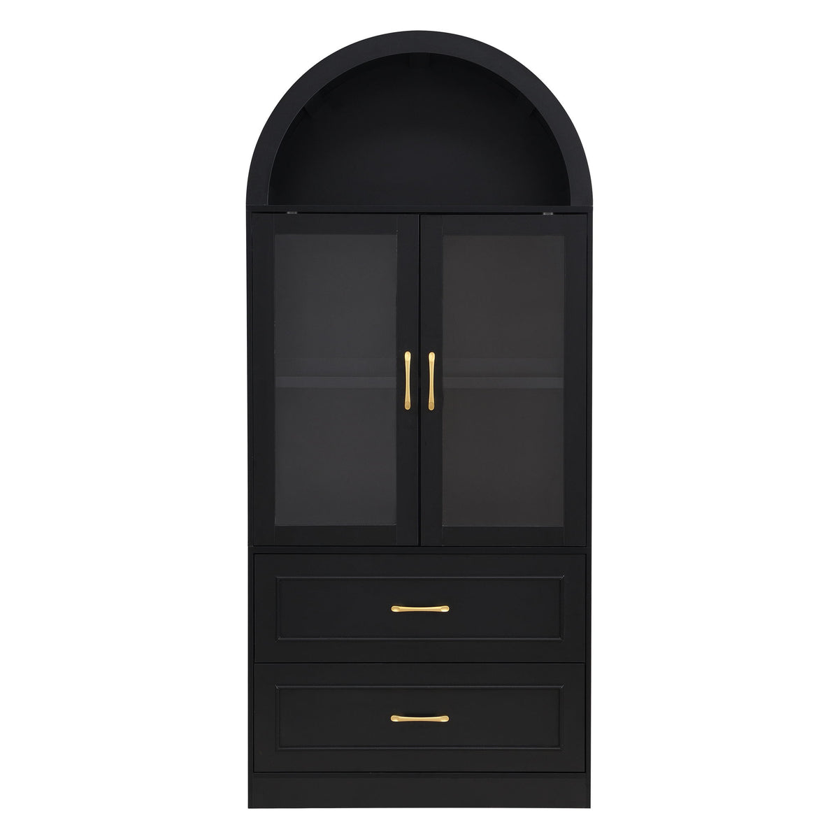 Black arched-top storage cabinet with two fixed shelves behind double doors and two drawers