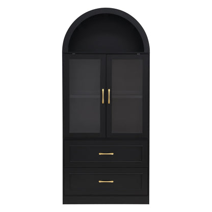 Black arched-top storage cabinet with fixed 2-tier shelves and two drawers