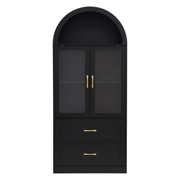 Black arched-top storage cabinet with two fixed shelves behind double doors and two drawers