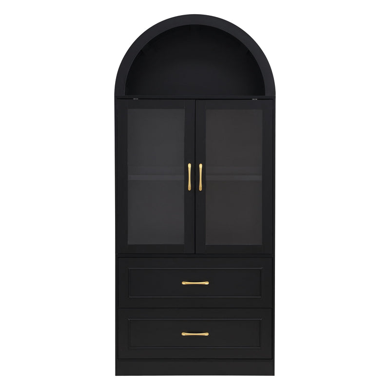 Black arched-top storage cabinet with two fixed shelves behind double doors and two drawers