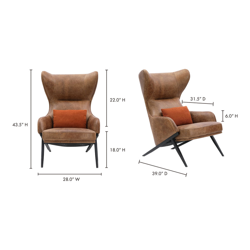 Brown leather accent chair with orange pillow shown with height and width measurements