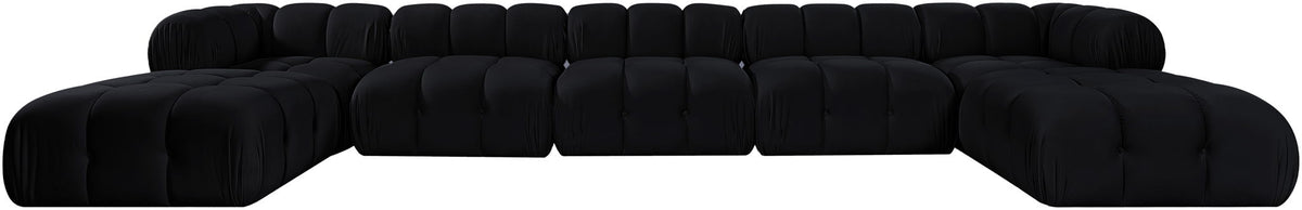 Black 7-piece modular sectional sofa with curved corner seating and ottoman blocks