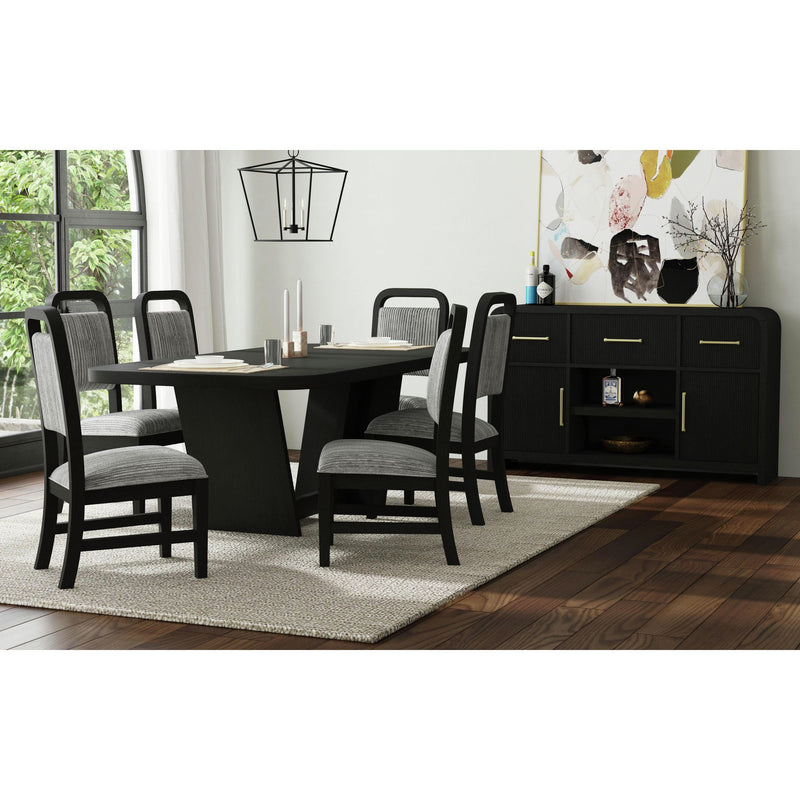 Dining table with four gray-upholstered chairs and dark base, standard height set