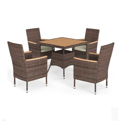Dark brown 5-piece patio dining set with square table and four woven-back chairs