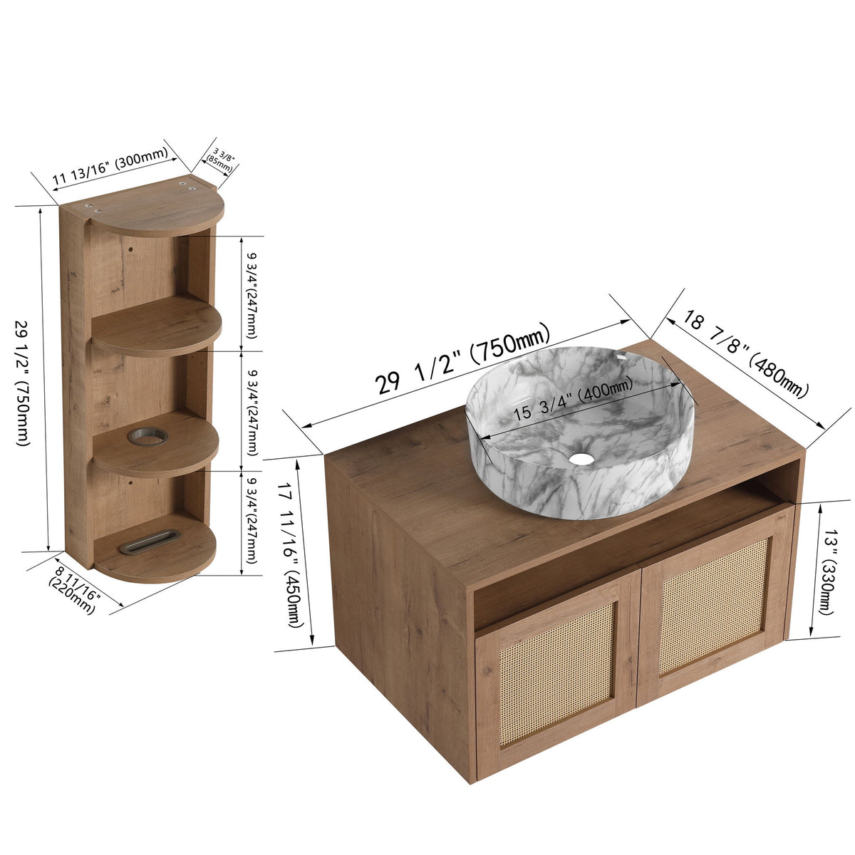 Light oak vanity cabinet with round sink basin cutout, two doors, and tall side shelf