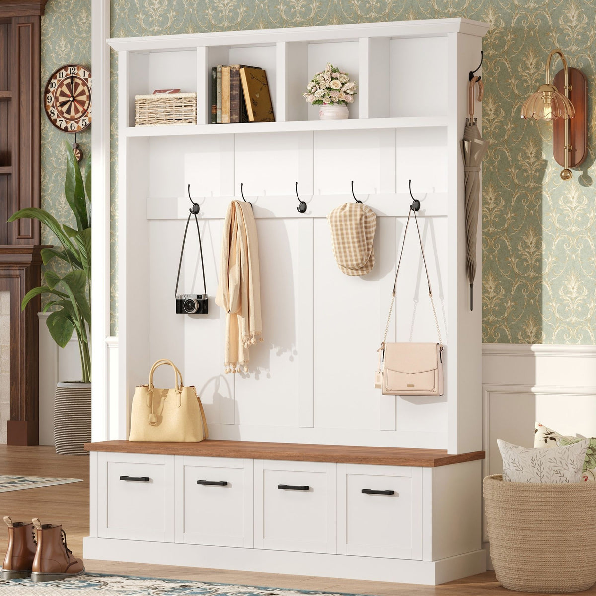 Hall Tree With Storage Bench Mudroom Coat Rack With 6 Hooks
