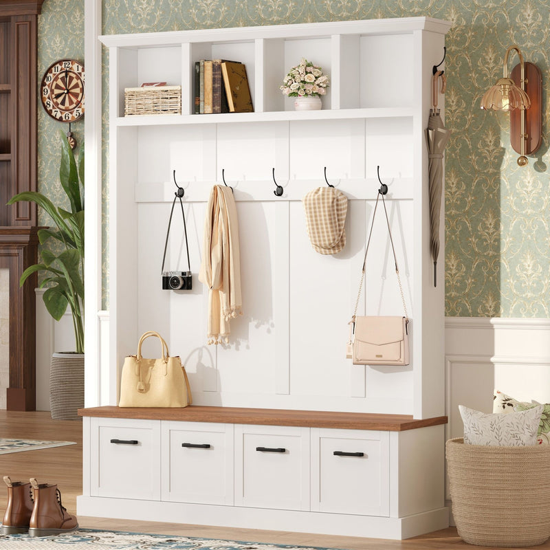 Hall Tree With Storage Bench Mudroom Coat Rack With 6 Hooks