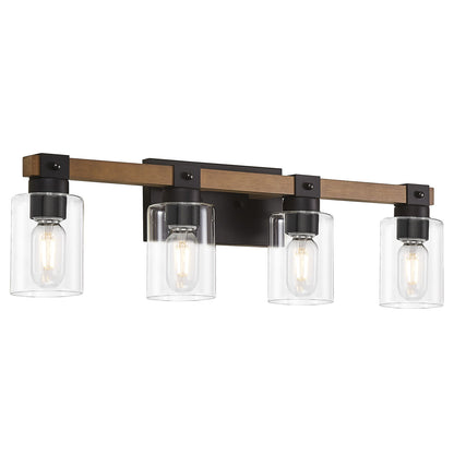 Four-light vanity light with dark brown mounting bar and clear glass cylinder shades