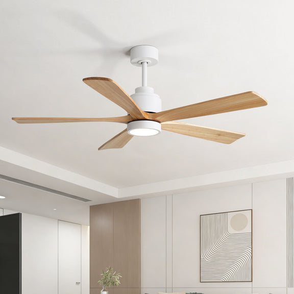 White ceiling fan with LED light and 5 wood blades mounted on ceiling