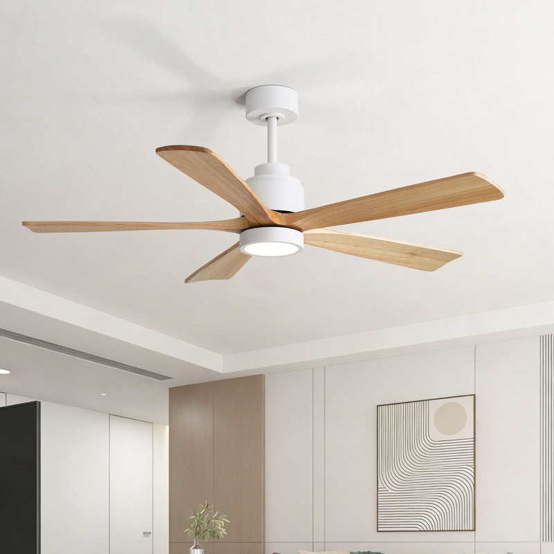 White ceiling fan with LED light and 5 wood blades mounted on ceiling