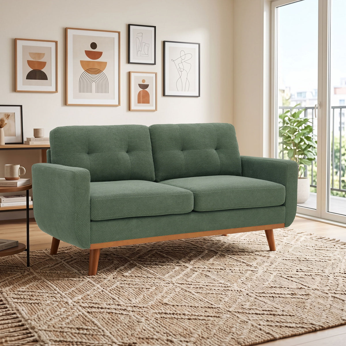 Green two-seat sofa with tufted back cushions and tapered wood legs