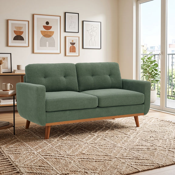 Green two-seat sofa with tufted back cushions and tapered wood legs