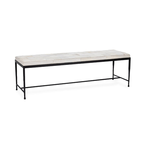 60-inch hide bench with patchwork ivory upholstery and black metal frame