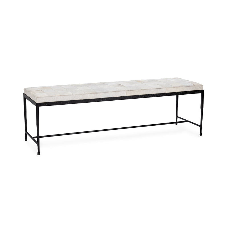 60-inch hide bench with patchwork ivory upholstery and black metal frame