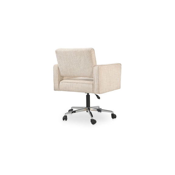 Beige upholstered office chair with armrests, cushioned seat, and caster swivel base