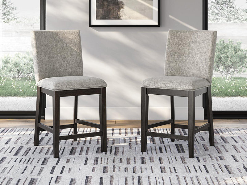 Set of 2 upholstered barstools with light gray seats, dark frames, and padded backrests.