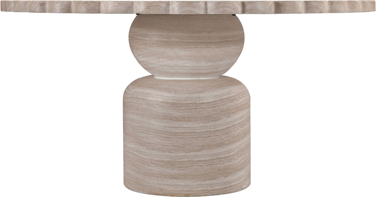 Beige pedestal table with round scalloped top and stacked column base
