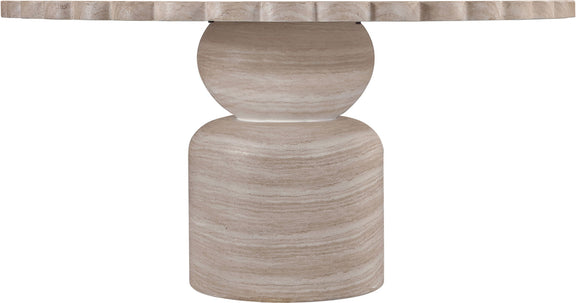 Beige pedestal table with round scalloped top and stacked column base