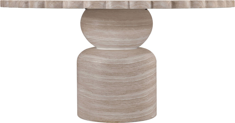 Beige pedestal table with round scalloped top and stacked column base